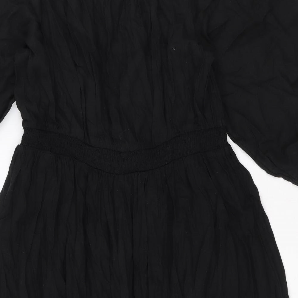 Marks and Spencer Womens Black Geometric Linen Fit & Flare Size 14 Square Neck Pullover