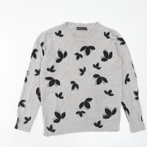 Marks and Spencer Womens Grey Round Neck Floral Acrylic Pullover Jumper Size 10