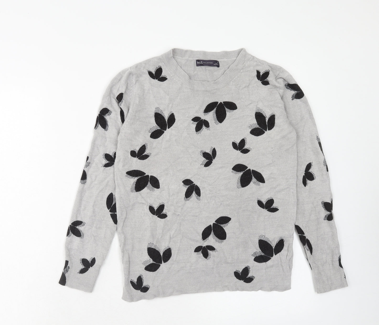 Marks and Spencer Womens Grey Round Neck Floral Acrylic Pullover Jumper Size 10