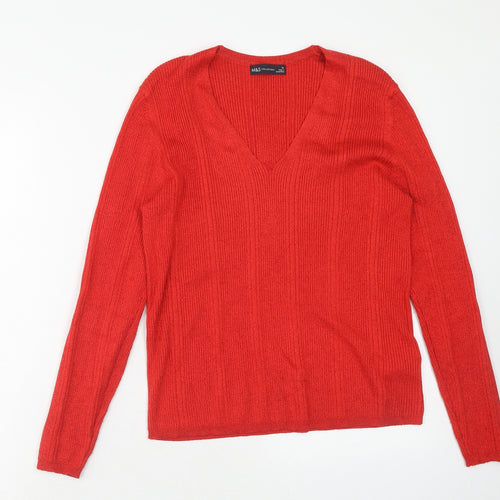 Marks and Spencer Womens Red V-Neck Viscose Pullover Jumper Size 14