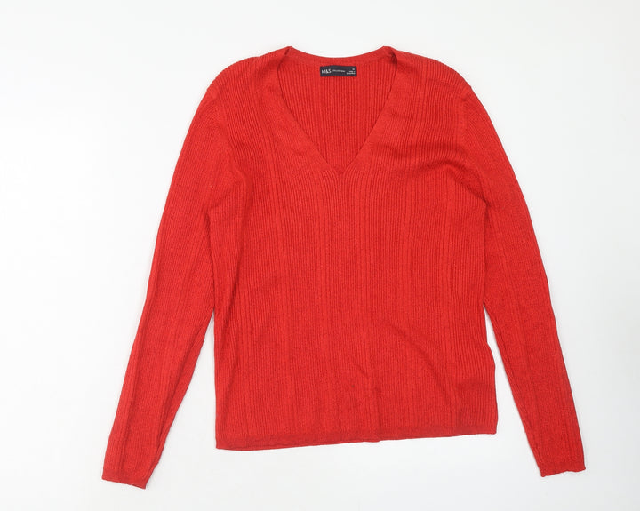 Marks and Spencer Womens Red V-Neck Viscose Pullover Jumper Size 14
