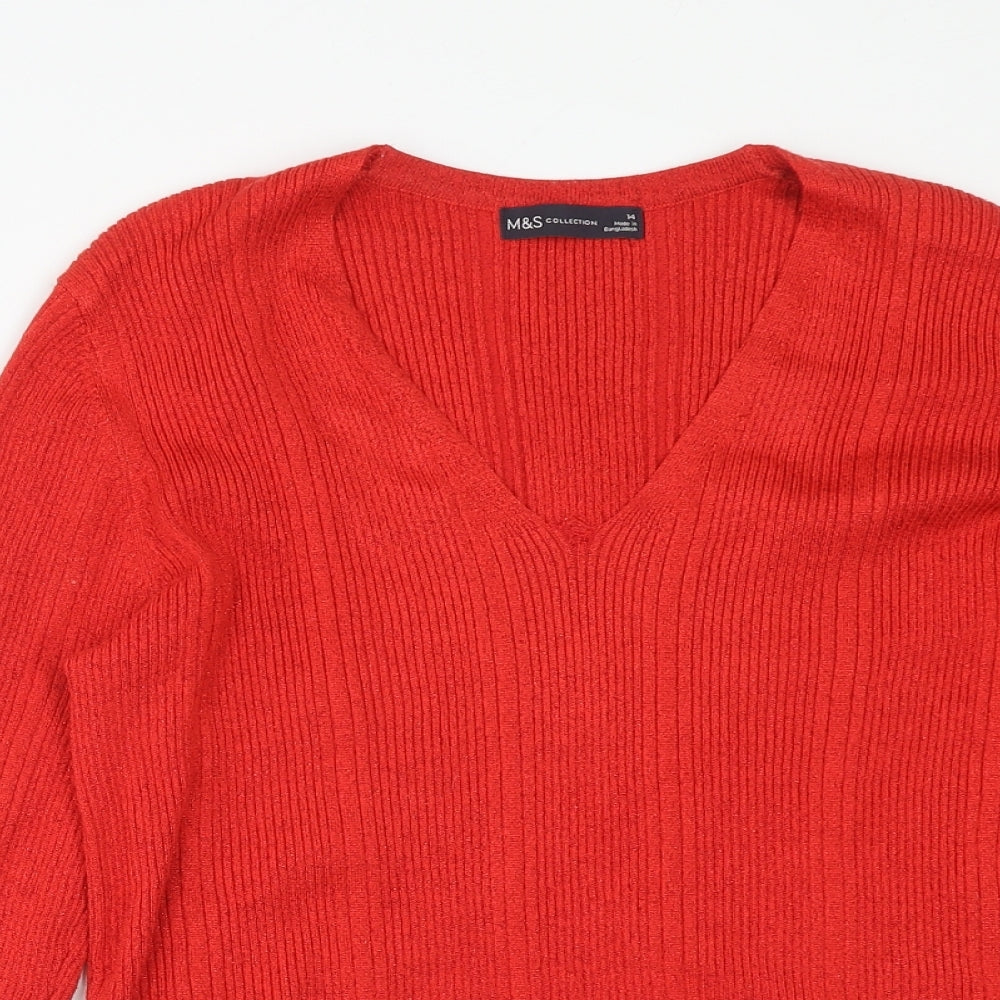 Marks and Spencer Womens Red V-Neck Viscose Pullover Jumper Size 14
