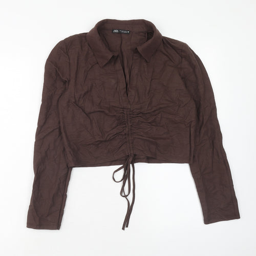 Zara Womens Brown Viscose Cropped Blouse Size L Collared - Front Ruched