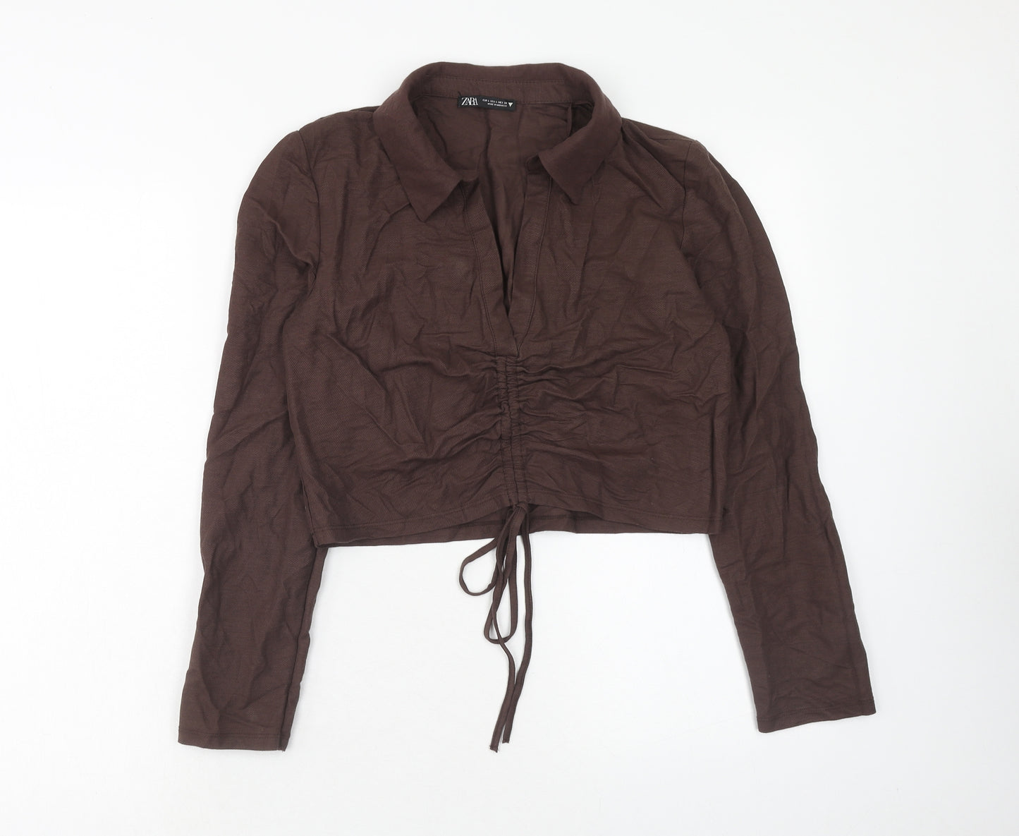 Zara Womens Brown Viscose Cropped Blouse Size L Collared - Front Ruched