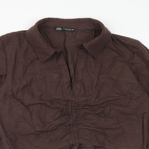Zara Womens Brown Viscose Cropped Blouse Size L Collared - Front Ruched