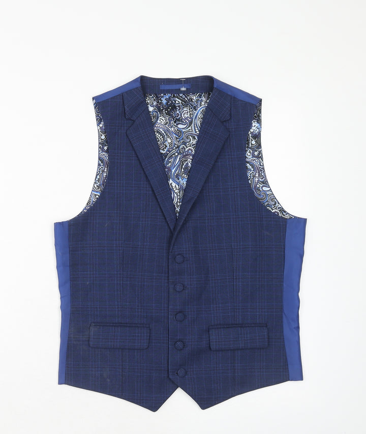 OneSix5ive Mens Blue Plaid Polyester Jacket Suit Waistcoat Size 36 Regular