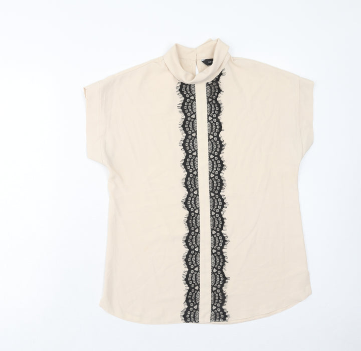 New Look Womens Beige Polyester Basic Blouse Size 8 Roll Neck - Lace Detail