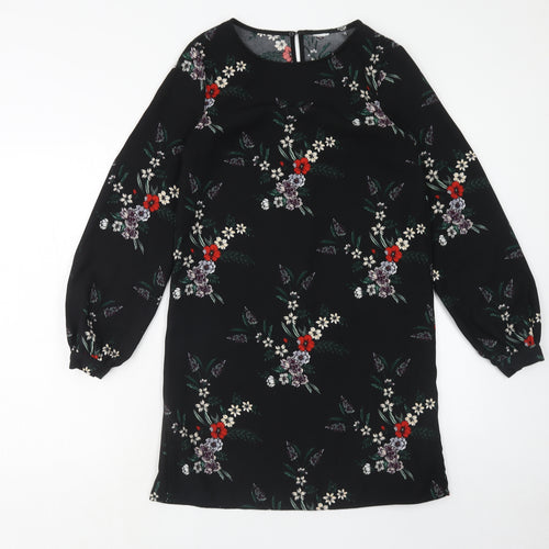 H&M Womens Blue Floral Polyester A-Line Size 8 Round Neck Button