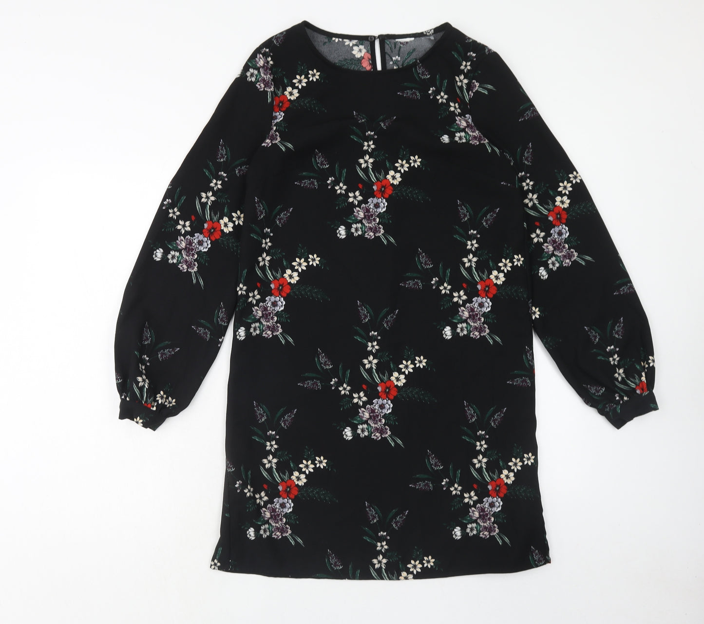 H&M Womens Blue Floral Polyester A-Line Size 8 Round Neck Button