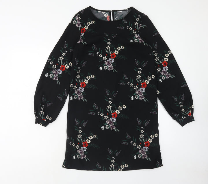 H&M Womens Blue Floral Polyester A-Line Size 8 Round Neck Button
