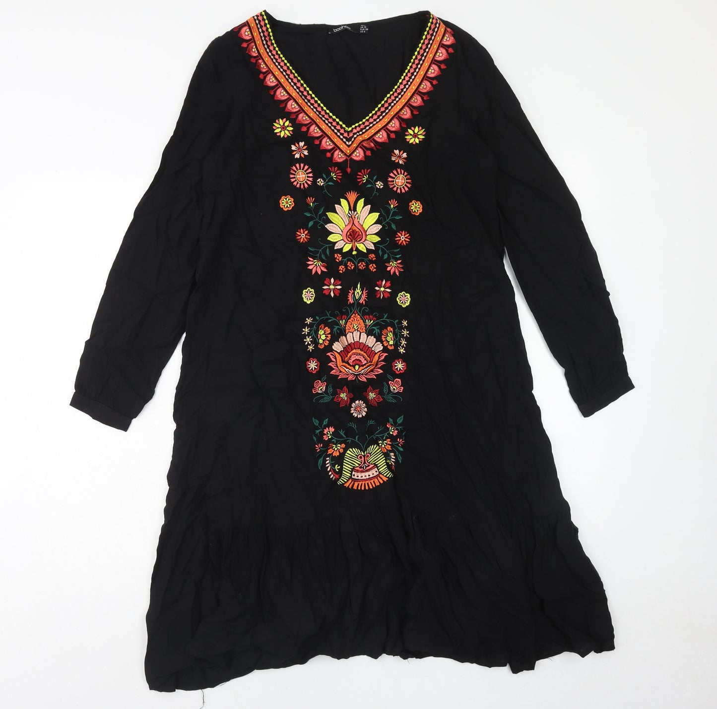 Boohoo Womens Black Floral Viscose Trapeze & Swing Size 10 V-Neck Pullover