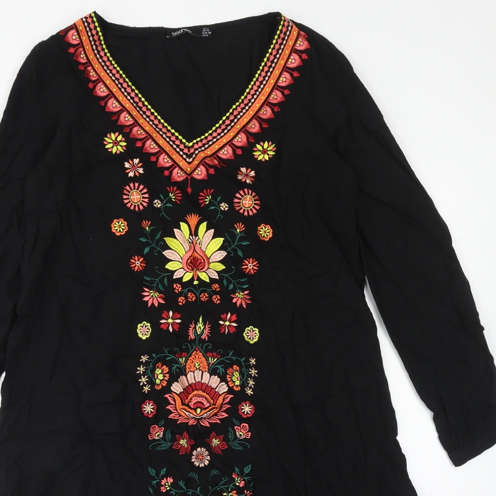 Boohoo Womens Black Floral Viscose Trapeze & Swing Size 10 V-Neck Pullover