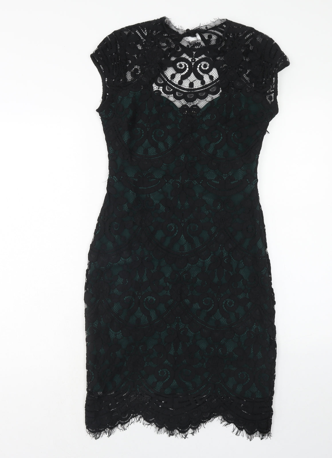 Lipsy Womens Black Geometric Polyamide Bodycon Size 10 Round Neck Zip