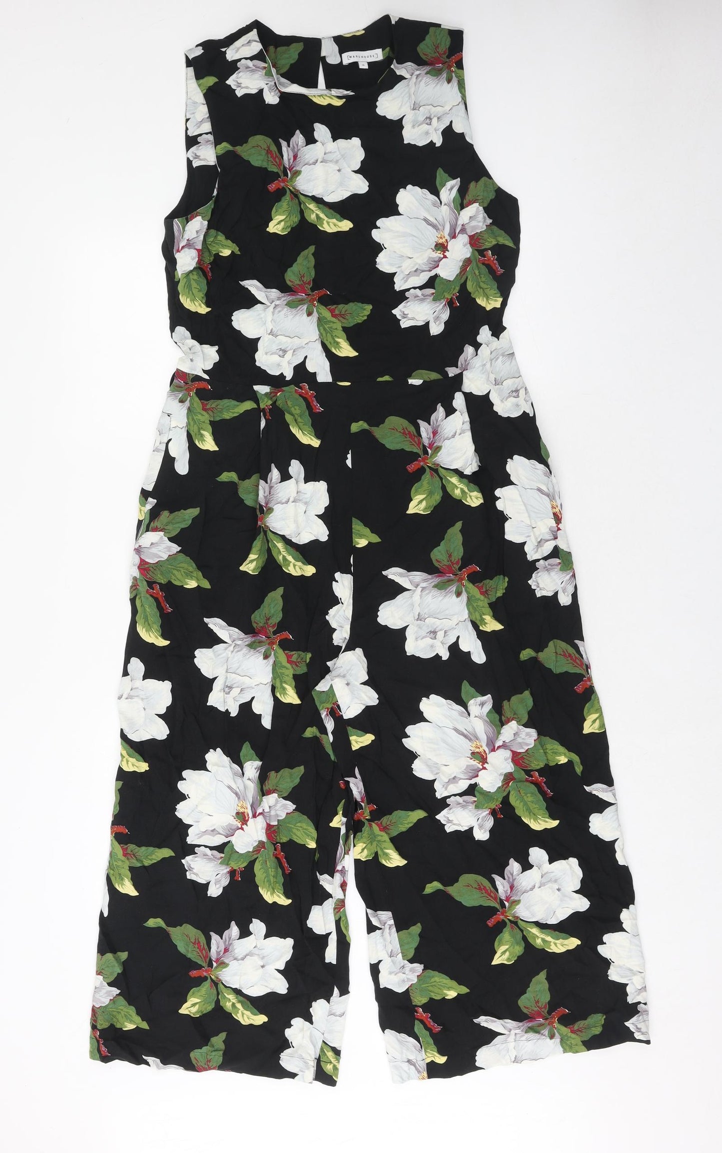 Warehouse Womens Black Floral Viscose Jumpsuit One-Piece Size 14 Button