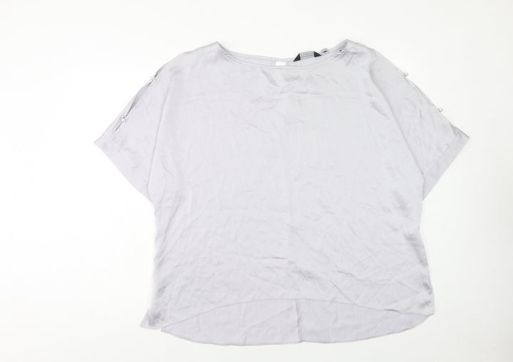 Dorothy Perkins Womens Grey Striped Polyester Basic T-Shirt Size 20 Boat Neck - Split Sleeve Pearl Detail