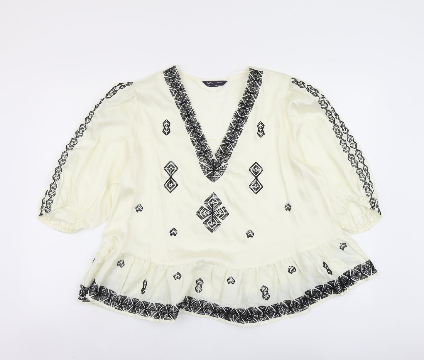 Marks and Spencer Womens Ivory Geometric Polyester Basic Blouse Size 16 V-Neck