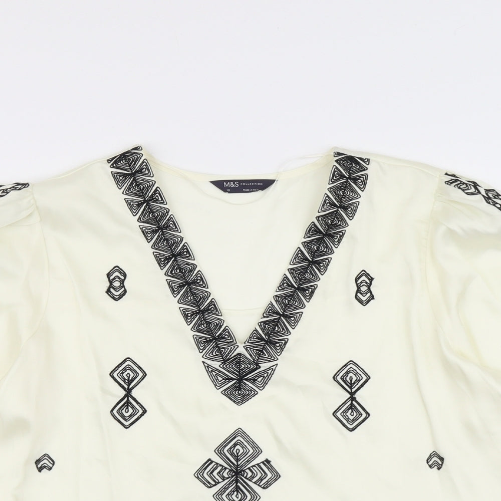 Marks and Spencer Womens Ivory Geometric Polyester Basic Blouse Size 16 V-Neck