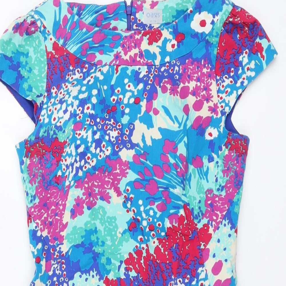 Oasis Womens Multicoloured Floral Cotton A-Line Size 10 Round Neck Zip