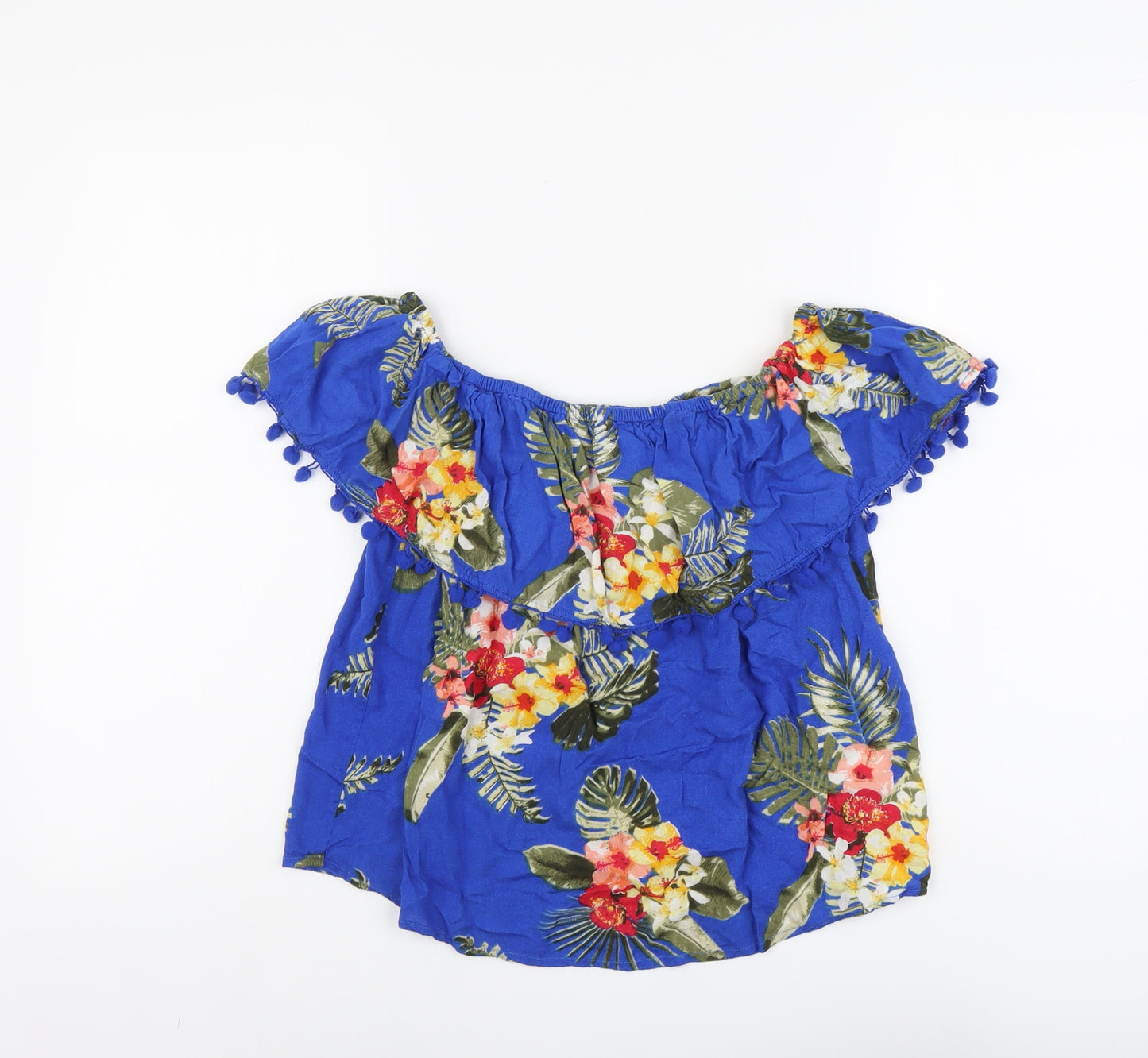 Select Womens Blue Floral Viscose Basic Blouse Size 12 Off the Shoulder - Pom Pom Trim Bardot