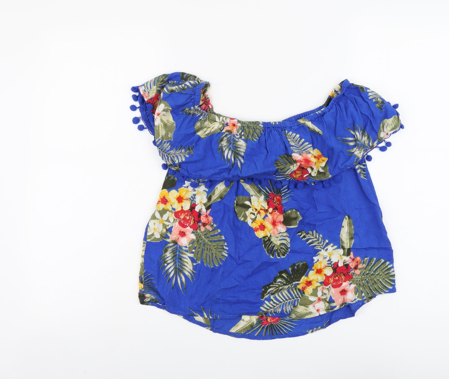 Select Womens Blue Floral Viscose Basic Blouse Size 12 Off the Shoulder - Pom Pom Trim Bardot