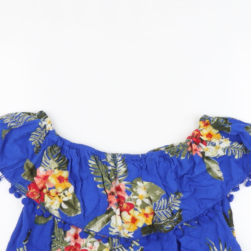 Select Womens Blue Floral Viscose Basic Blouse Size 12 Off the Shoulder - Pom Pom Trim Bardot