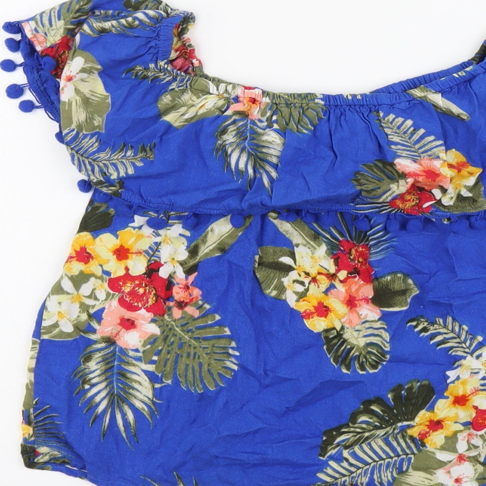 Select Womens Blue Floral Viscose Basic Blouse Size 12 Off the Shoulder - Pom Pom Trim Bardot