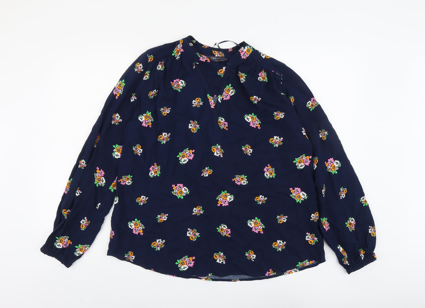 Marks and Spencer Womens Blue Floral Viscose Basic Blouse Size 8 V-Neck