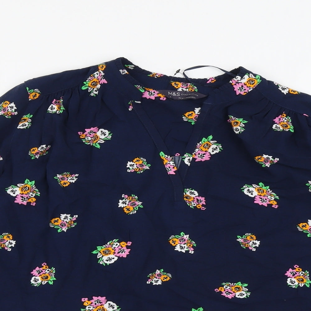 Marks and Spencer Womens Blue Floral Viscose Basic Blouse Size 8 V-Neck