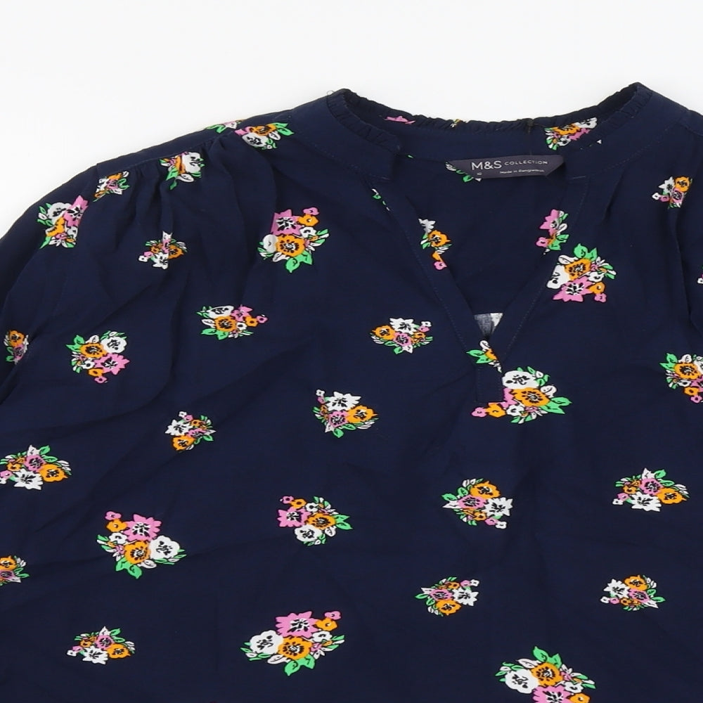 Marks and Spencer Womens Blue Floral Viscose Basic Blouse Size 10 V-Neck