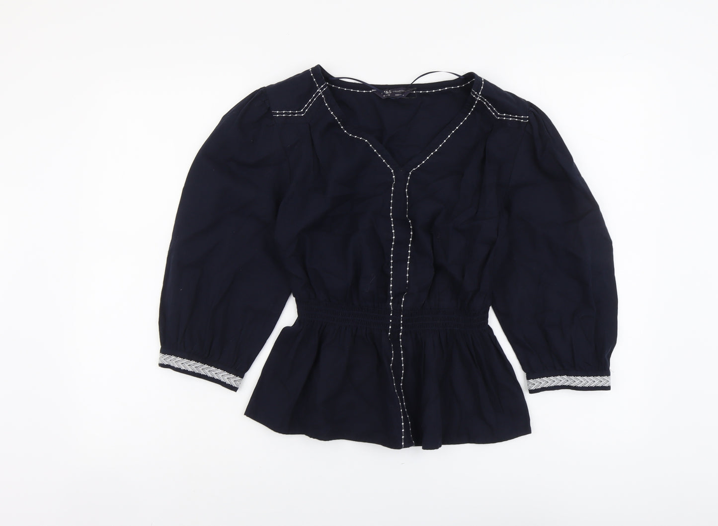 Marks and Spencer Womens Blue Cotton Basic Blouse Size 10 V-Neck - Peplum