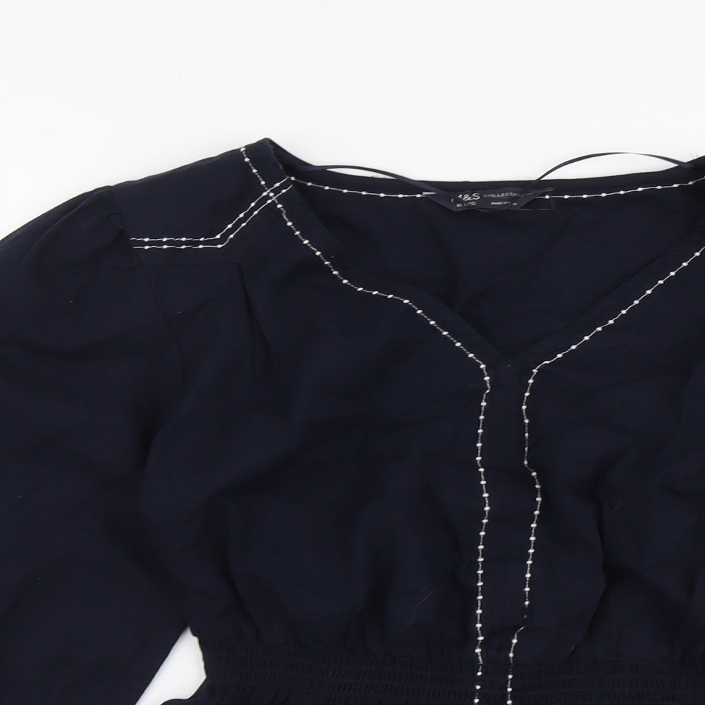 Marks and Spencer Womens Blue Cotton Basic Blouse Size 10 V-Neck - Peplum