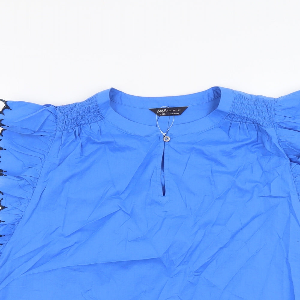 Marks and Spencer Womens Blue Cotton Basic Blouse Size 14 Round Neck