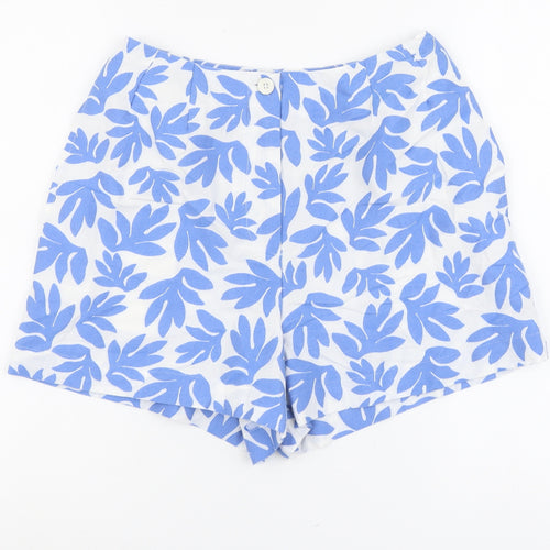 Marks and Spencer Womens Blue Geometric Cotton Hot Pants Shorts Size 8 L3 in Regular Button