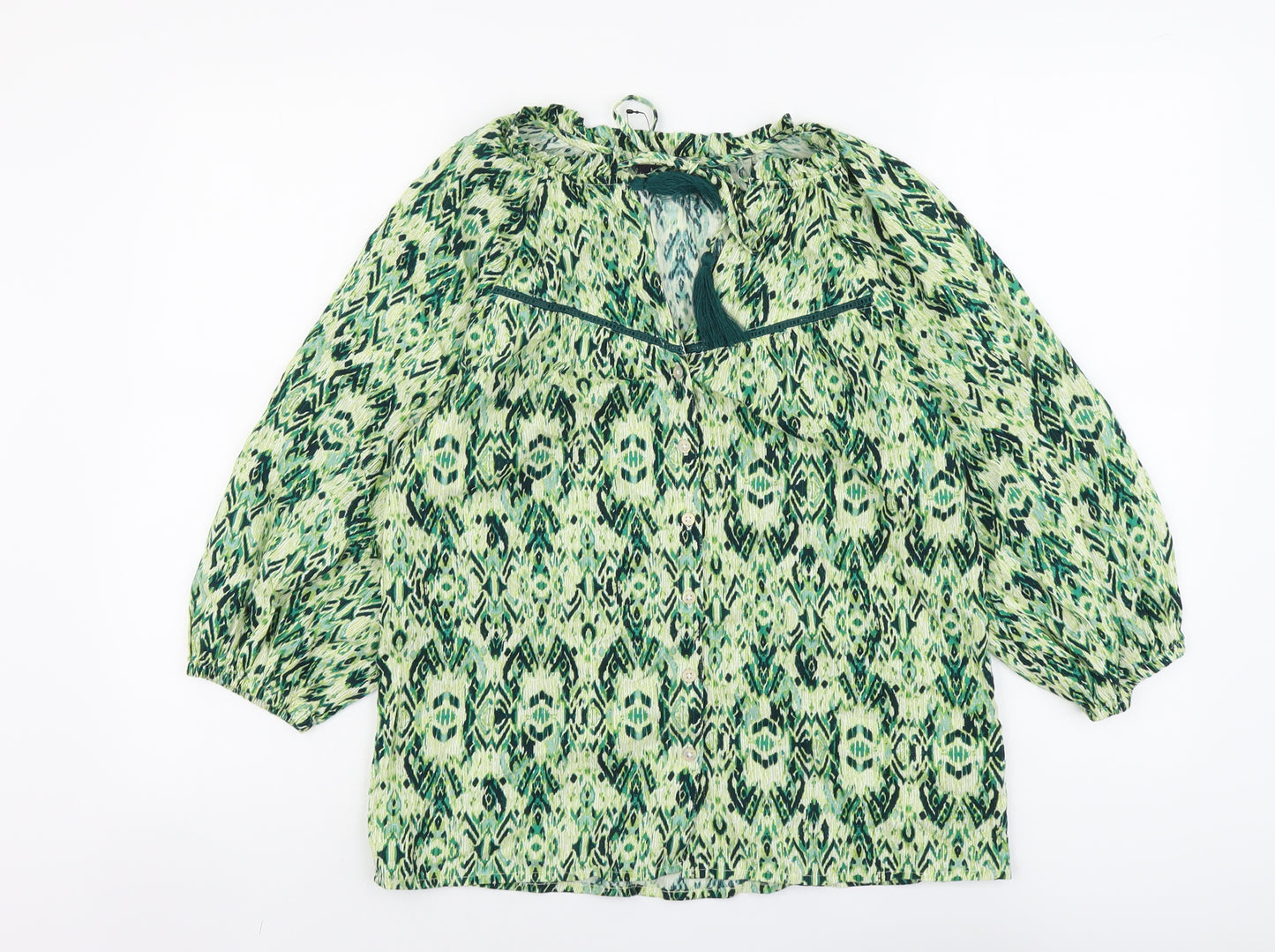 Marks and Spencer Womens Green Geometric Viscose Basic Blouse Size 8 Boat Neck - Tie Neck Detail