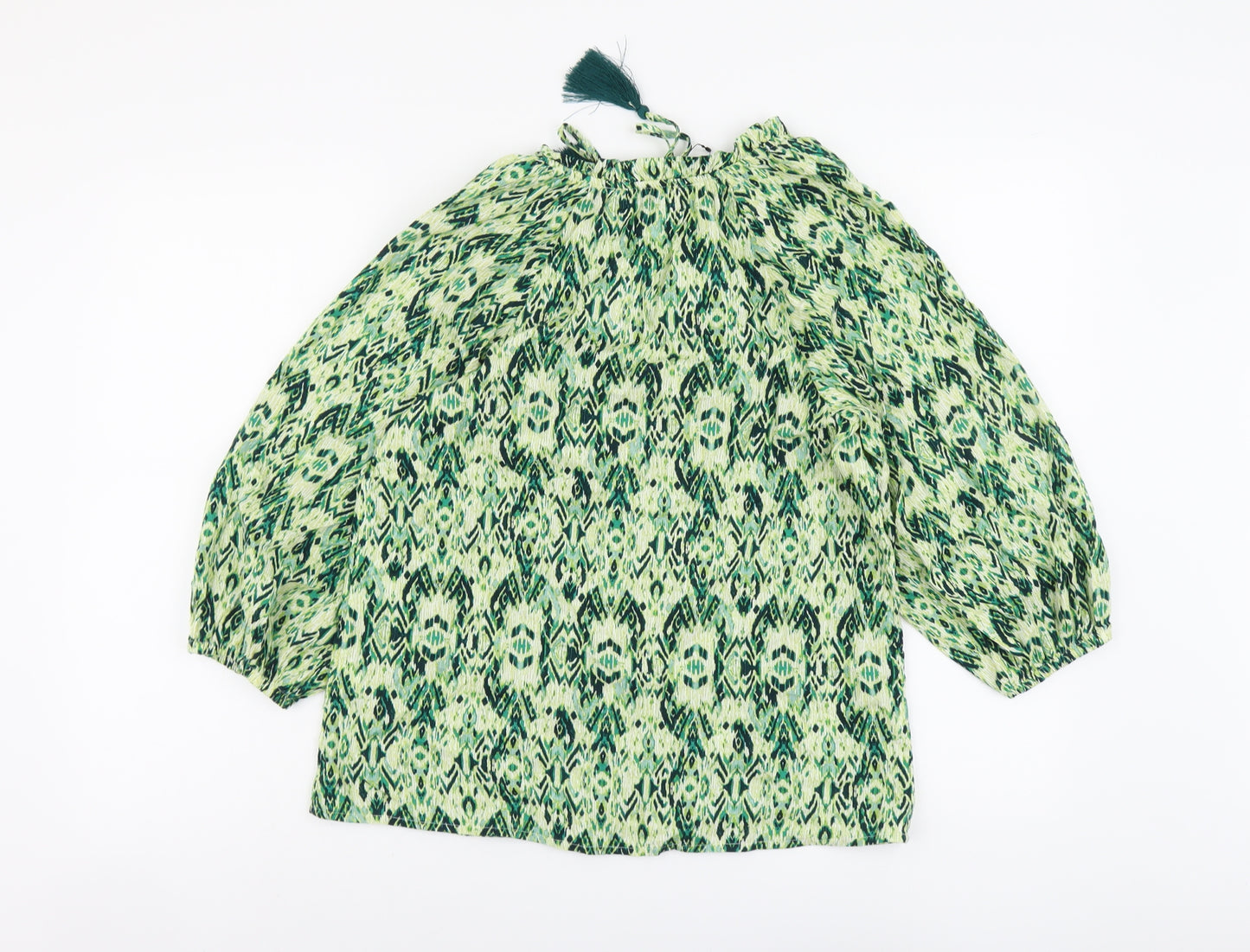 Marks and Spencer Womens Green Geometric Viscose Basic Blouse Size 8 Boat Neck - Tie Neck Detail