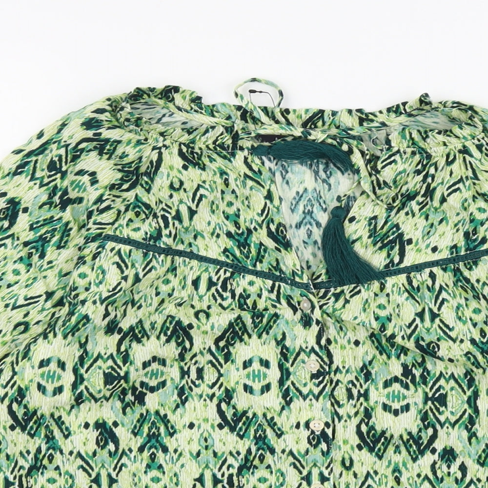 Marks and Spencer Womens Green Geometric Viscose Basic Blouse Size 8 Boat Neck - Tie Neck Detail