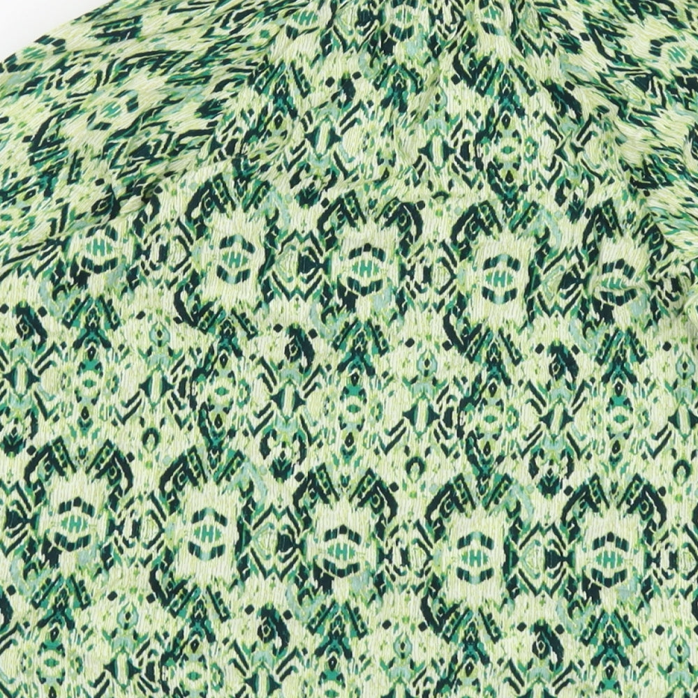 Marks and Spencer Womens Green Geometric Viscose Basic Blouse Size 8 Boat Neck - Tie Neck Detail