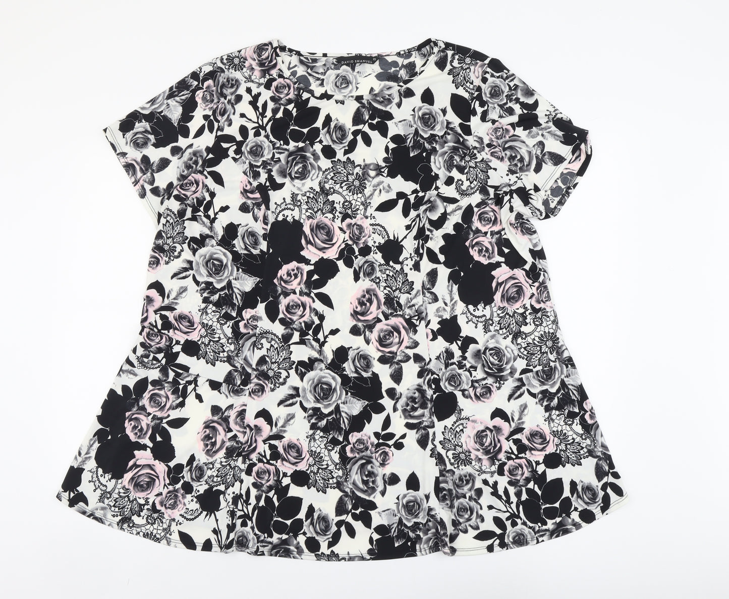 David Emanuel Womens Black Floral Polyester Tunic Blouse Size 22 Boat Neck - Swing Top