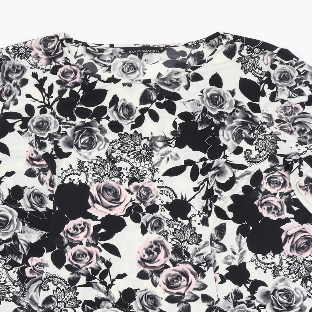 David Emanuel Womens Black Floral Polyester Tunic Blouse Size 22 Boat Neck - Swing Top