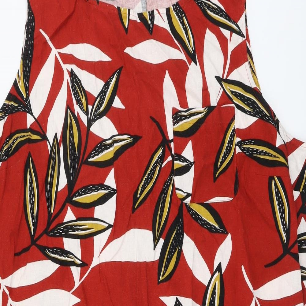 Bonmarché Womens Red Floral Linen A-Line Size 24 Round Neck Button