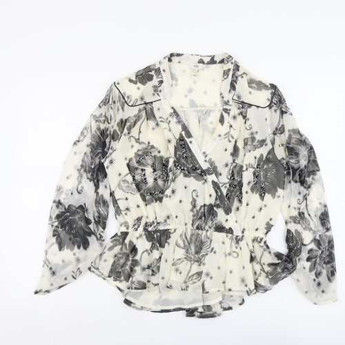 River Island Womens Beige Floral Polyester Cropped Blouse Size 12 V-Neck - Peplum