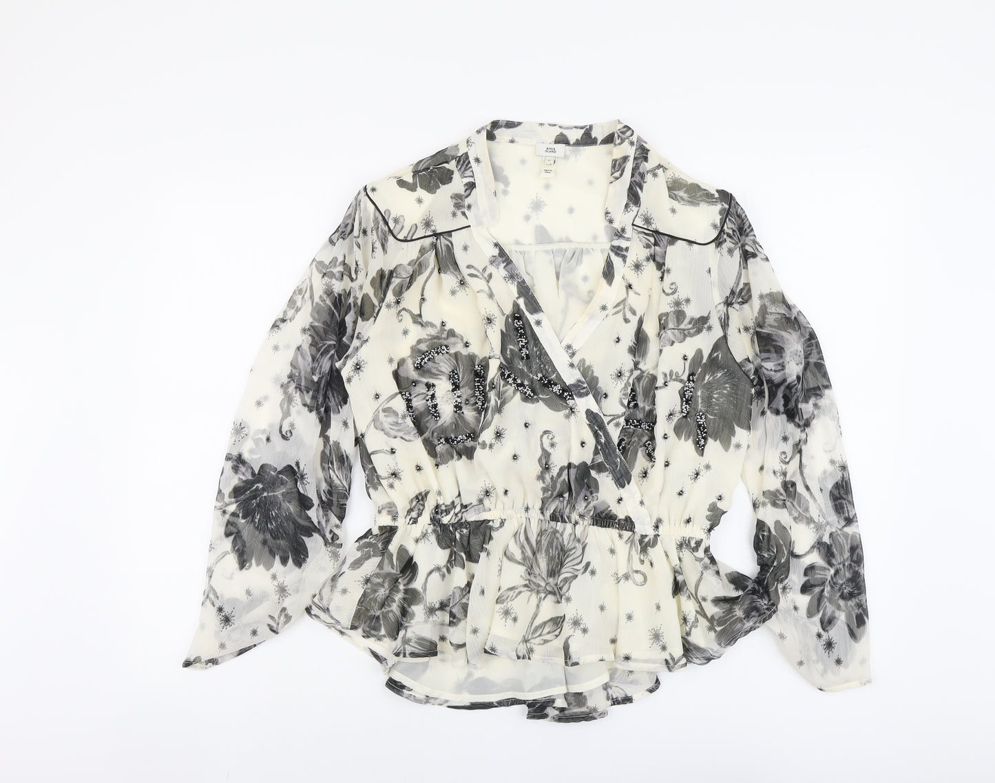 River Island Womens Beige Floral Polyester Cropped Blouse Size 12 V-Neck - Peplum