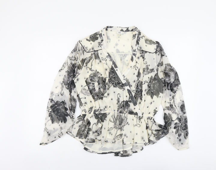 River Island Womens Beige Floral Polyester Cropped Blouse Size 12 V-Neck - Peplum
