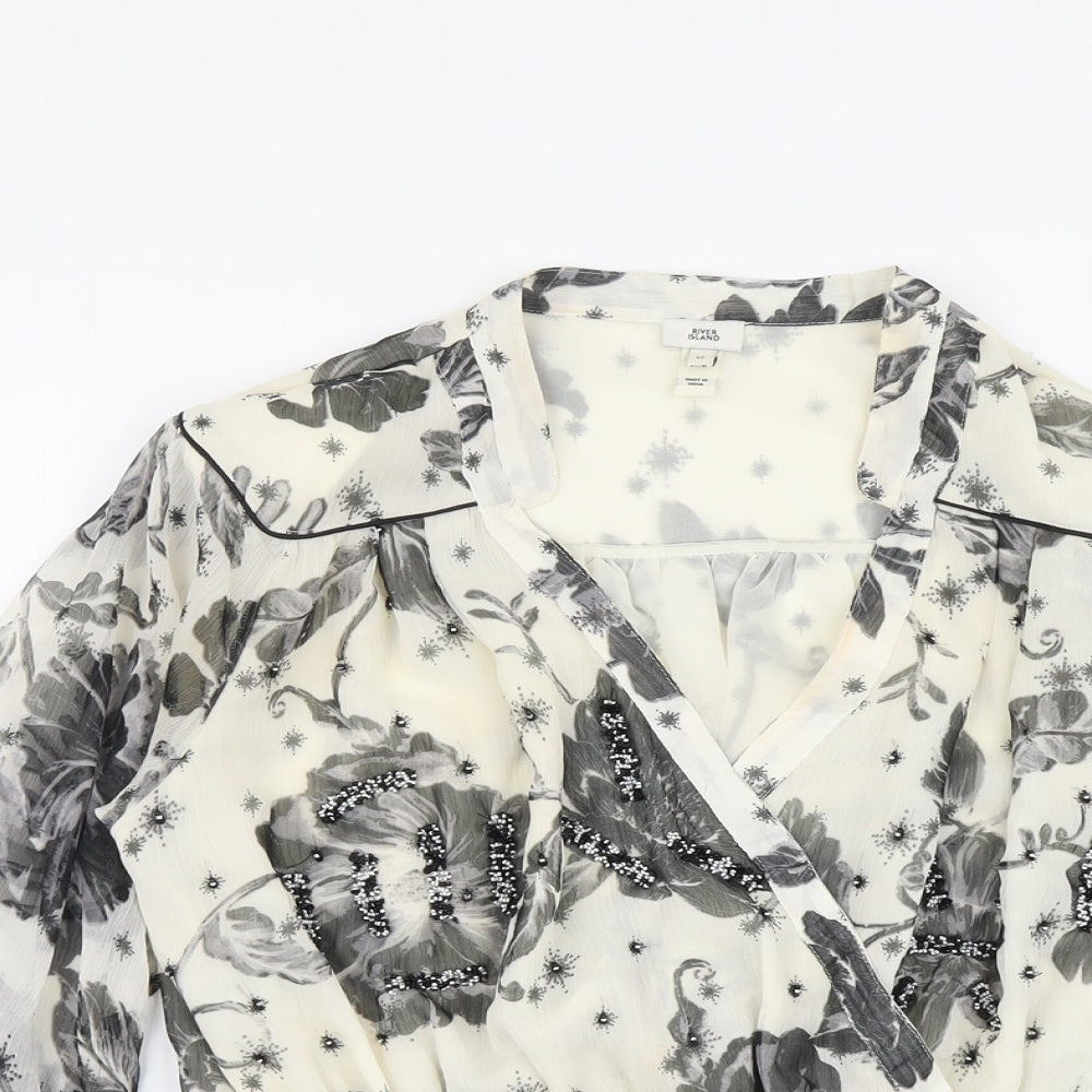 River Island Womens Beige Floral Polyester Cropped Blouse Size 12 V-Neck - Peplum