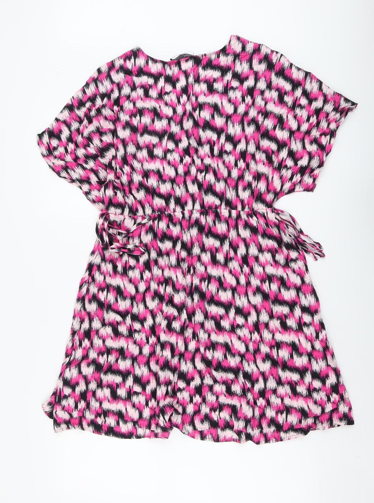 Marks and Spencer Womens Pink Geometric Viscose Fit & Flare Size 14 V-Neck Pullover