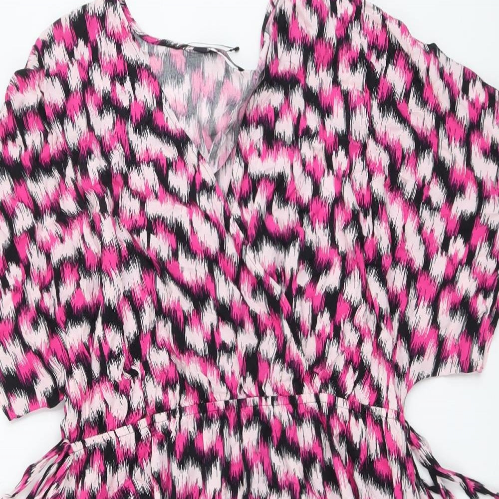 Marks and Spencer Womens Pink Geometric Viscose Fit & Flare Size 14 V-Neck Pullover