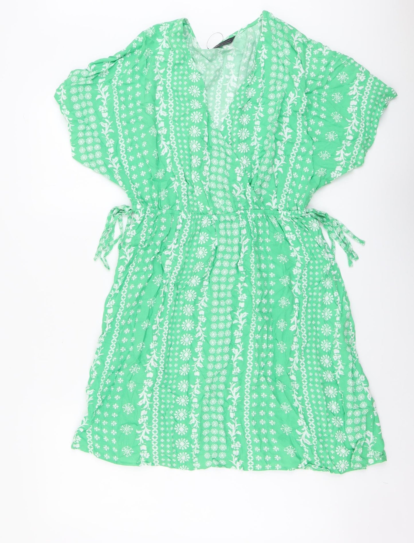 Marks and Spencer Womens Green Floral Viscose Fit & Flare Size 12 V-Neck Pullover