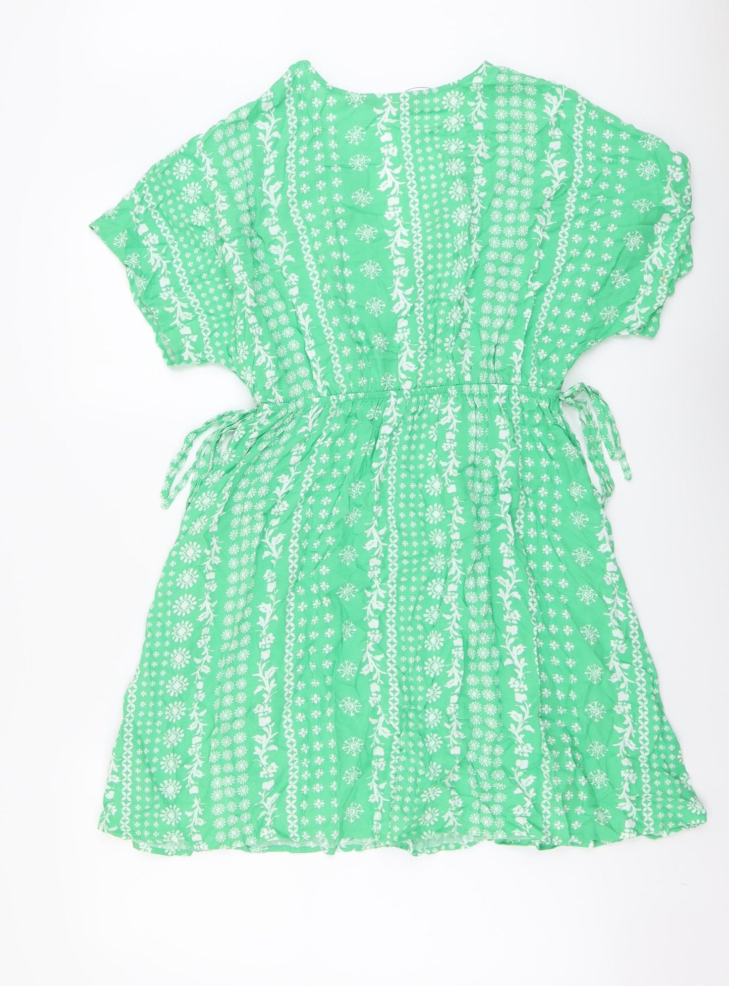 Marks and Spencer Womens Green Floral Viscose Fit & Flare Size 12 V-Neck Pullover