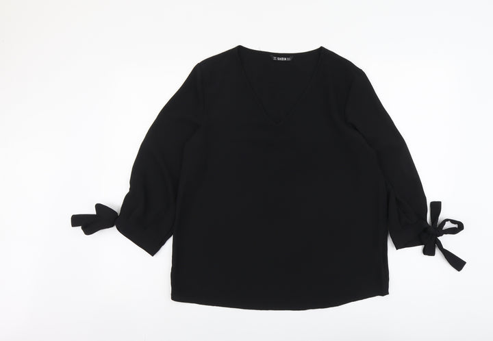 SheIn Womens Black Polyester Basic Blouse Size M V-Neck - Sleeve Tie Detail