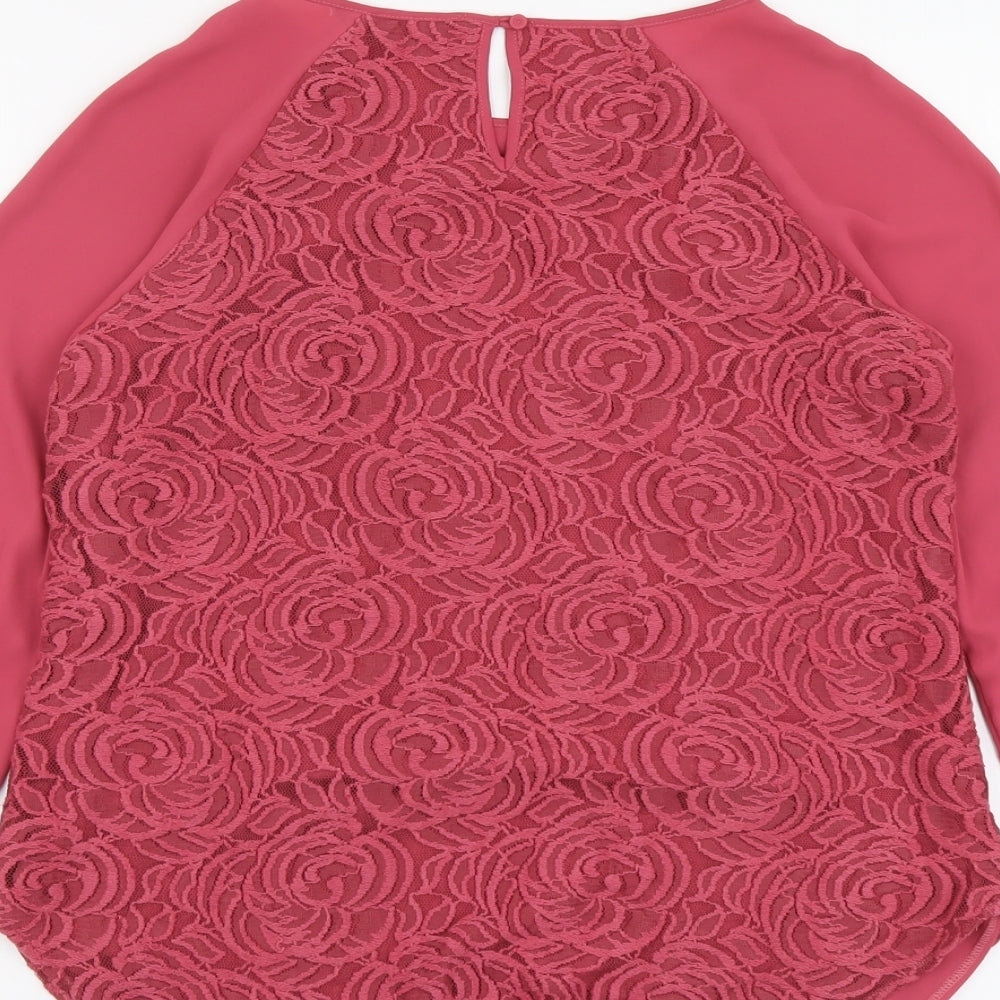 Marks and Spencer Womens Pink Floral Polyester Basic Blouse Size 12 Scoop Neck